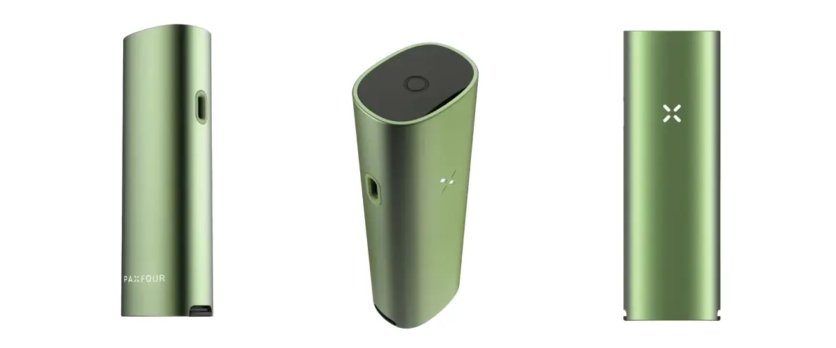 Groene PAX Four vaporizer vanuit meerdere hoeken getoond, met zijn slanke ontwerp, mondstuk, aan-uitknop, led-bloembladindicator en compacte behuizing