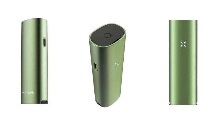 Groene PAX Four vaporizer vanuit meerdere hoeken getoond, met zijn slanke ontwerp, mondstuk, aan-uitknop, led-bloembladindicator en compacte behuizing