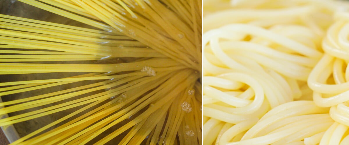 Spaghetti die kookt in gezouten water en vers uitgelekte pasta, eerste stap voor een cannabis-geïnfuseerde carbonara