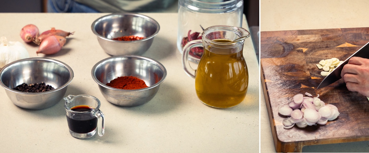 Stap 1: Ingrediënten Voorbereiden voor Cannabis-Geïnfuseerde Chili-Olijfolie Voorbereiden van ingrediënten voor met cannabis geïnfuseerde chili-olijfolie, waaronder olijfolie, chilivlokken, kruiden en het snijden van knoflook en sjalotten op een houten plank