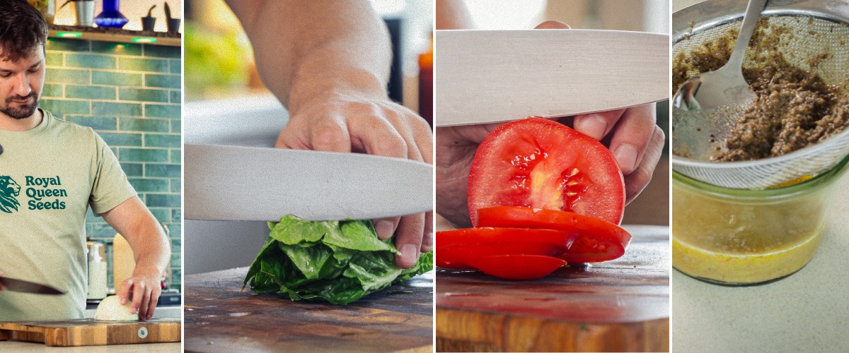 Stap 1: Ingrediënten voorbereiden voor een cannabisburger Burgeringrediënten voorbereiden door tomaat en sla te snijden, het gehakt te vormen en het geïnfuseerde broodje te verwarmen, eerste stap voor een cannabisburger