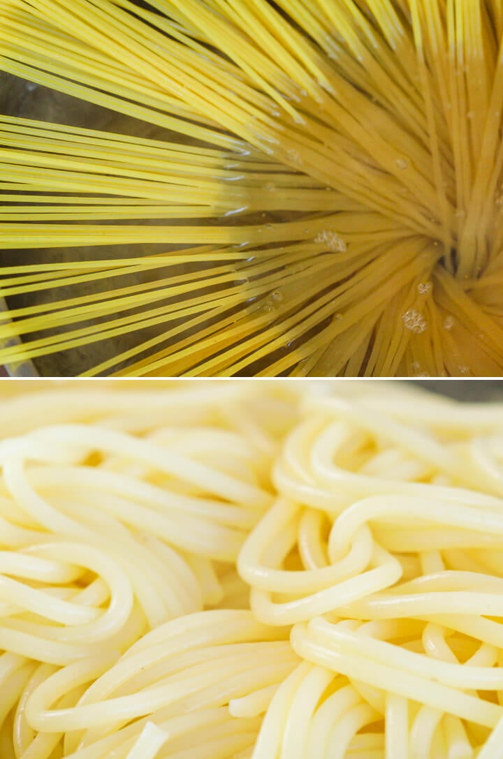 Spaghetti die kookt in gezouten water en vers uitgelekte pasta, eerste stap voor een cannabis-geïnfuseerde carbonara