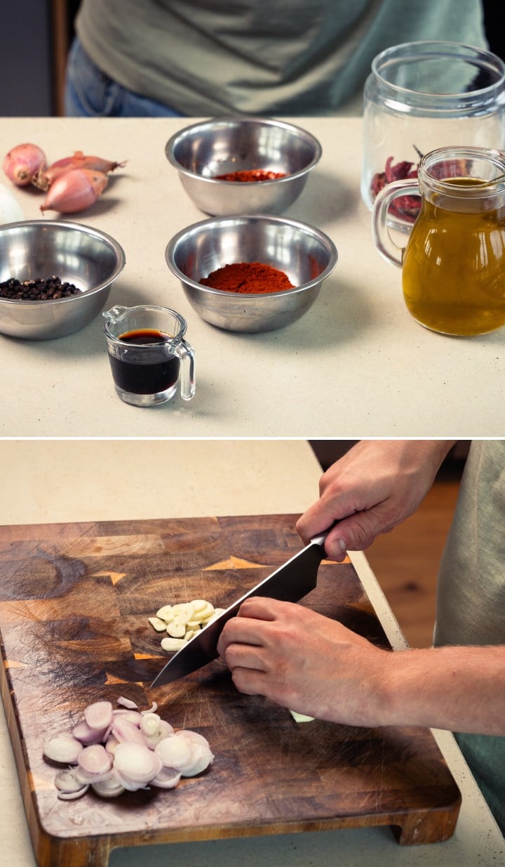 Stap 1: Ingrediënten Voorbereiden voor Cannabis-Geïnfuseerde Chili-Olijfolie Voorbereiden van ingrediënten voor met cannabis geïnfuseerde chili-olijfolie, waaronder olijfolie, chilivlokken, kruiden en het snijden van knoflook en sjalotten op een houten plank