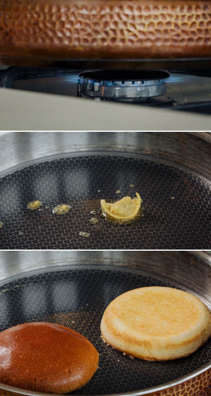 Stap 2: Het hamburgerbroodje infuseren met cannabisboter Hamburgerbroodjes infuseren door ze te roosteren in cannabisboter in een pan, tweede stap voor het maken van een cannabisburger