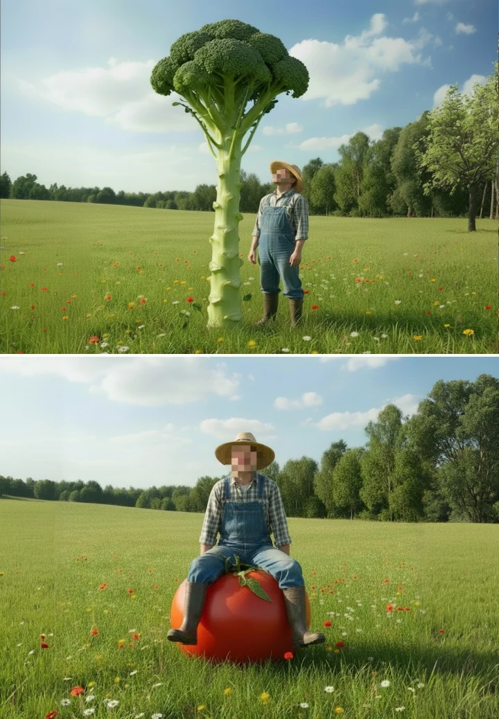 Surrealistisch GrowHauzz beeld met een gigantische broccoli en een enorme tomaat in een zonnig veld, dat grote kweekideeën en een gedurfde aanpak symboliseert