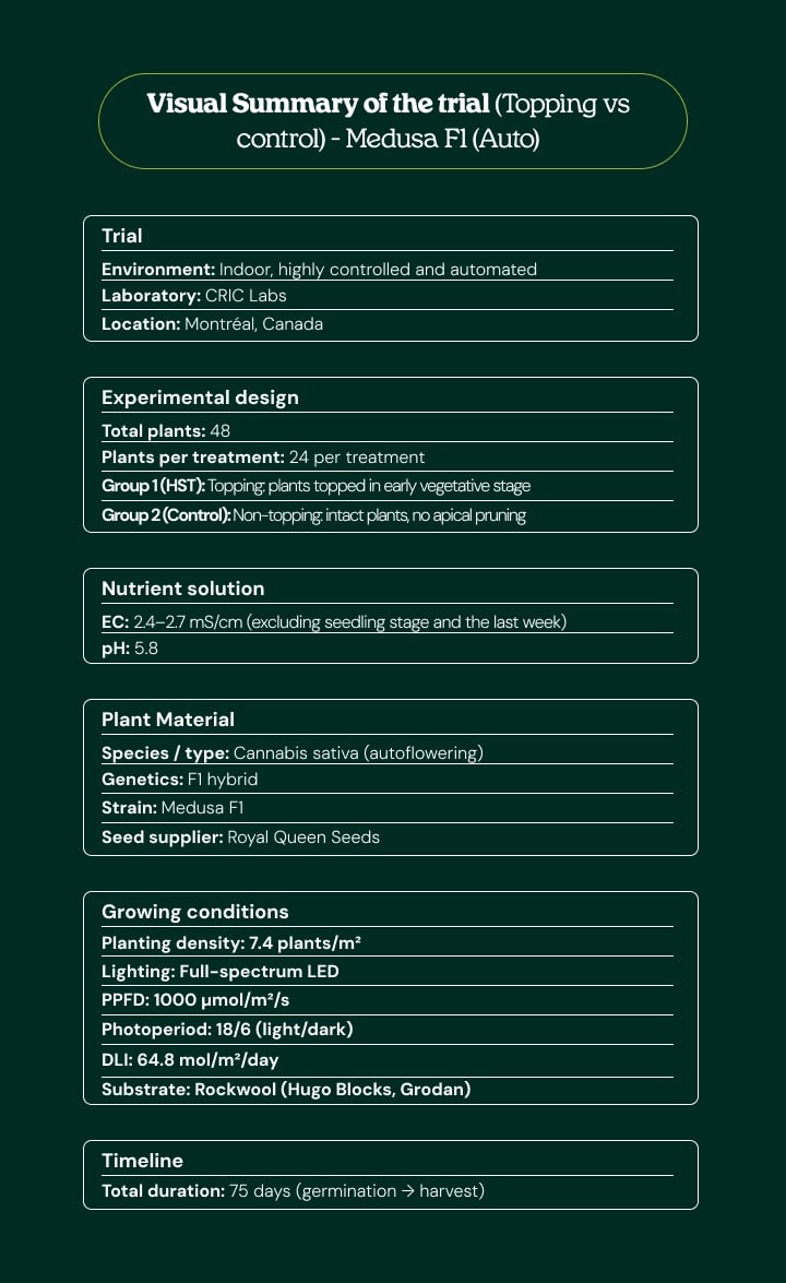 Visuele samenvatting van de Medusa F1 (Auto)-proef: topping vs controle, met experimenteel ontwerp, plantmateriaal, kweekomstandigheden, voedingsoplossing en tijdlijn