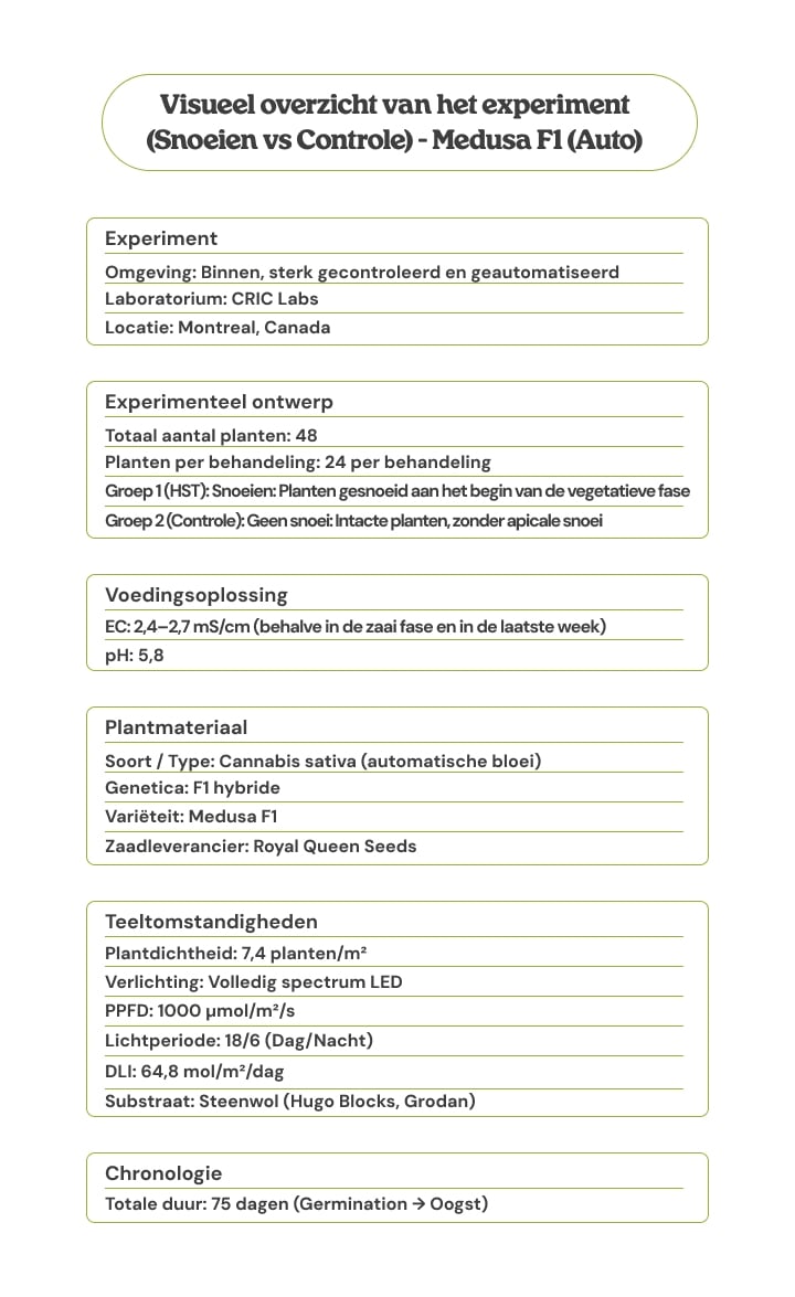 Visuele samenvatting van de Medusa F1 (Auto)-proef: topping vs controle, met experimenteel ontwerp, plantmateriaal, kweekomstandigheden, voedingsoplossing en tijdlijn