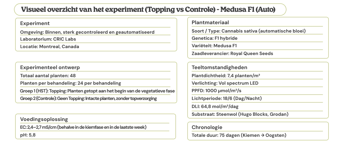 Visuele samenvatting van de Medusa F1 (Auto)-proef: topping vs controle, met experimenteel ontwerp, plantmateriaal, kweekomstandigheden, voedingsoplossing en tijdlijn