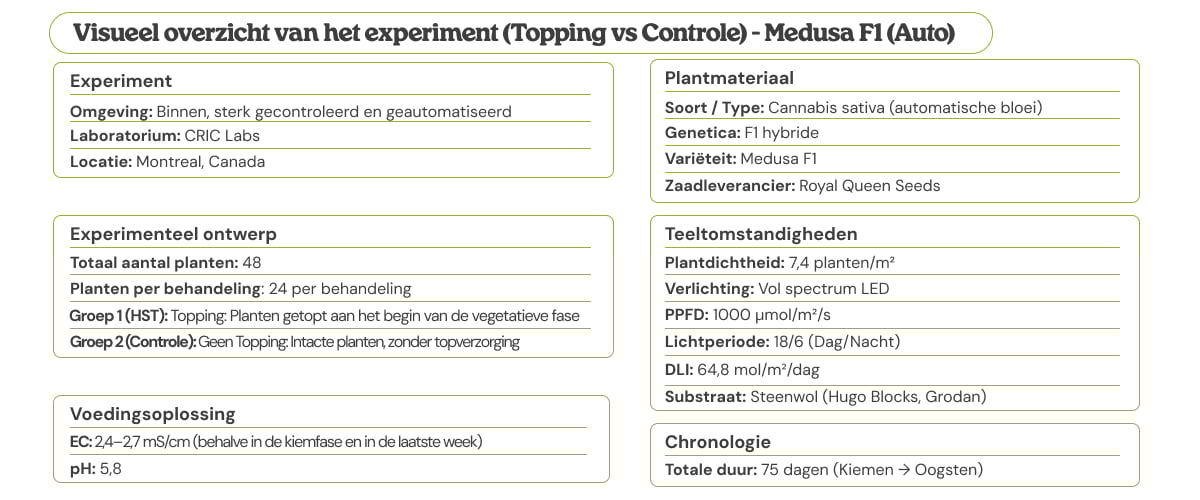 Visuele samenvatting van de Medusa F1 (Auto)-proef: topping vs controle, met experimenteel ontwerp, plantmateriaal, kweekomstandigheden, voedingsoplossing en tijdlijn